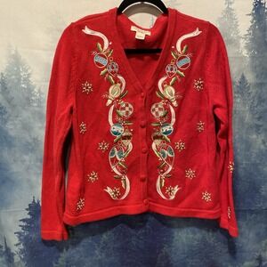 Bechamel Woman Red Cardigan Christmas‎ Sweater Size:Petite M Ornaments Beaded